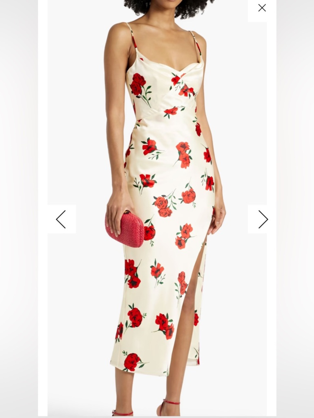 NWT Nicholas Cream Satin Midi Dress with Red Floral Print